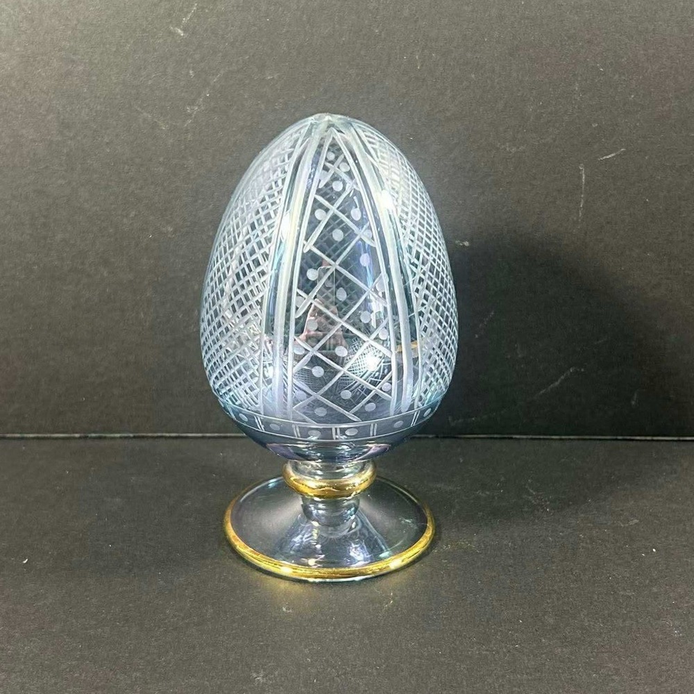 Royal Limited Egg Decorative Blue Iridescent Etched Glass Egypt Hand Crafted